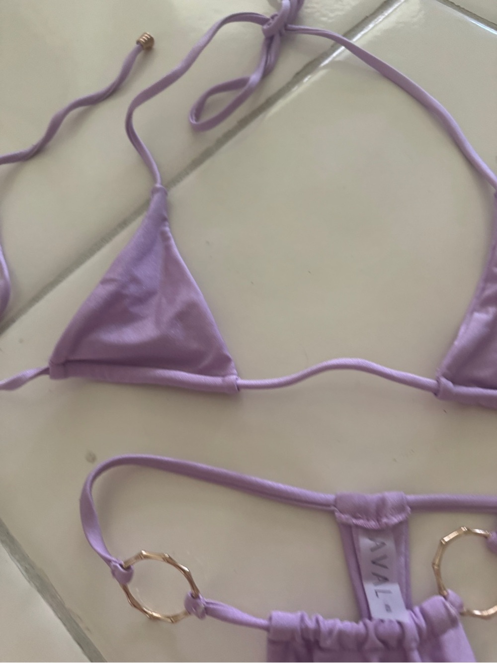 Lilac Triangle String Bikini Set with Gold Rings - Picture 5 of 7